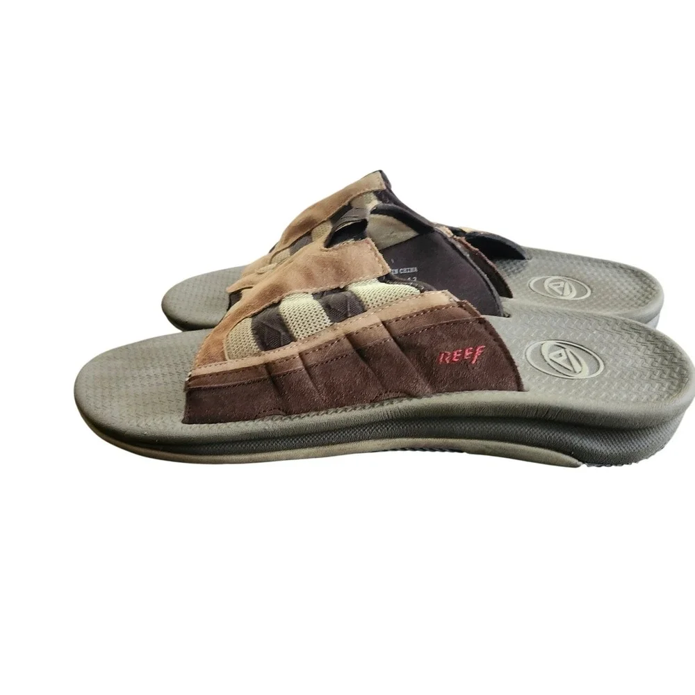 Reef Slide Sandals Mens 13 Brown Leather Upper Rubber Outsole Casyal Beach